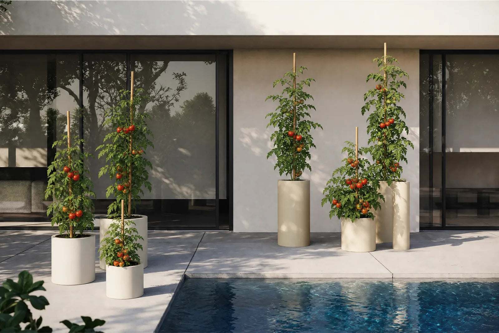 Tomates tuteurées sur bambou dans des pots cylindriques de tailles différentes, sur une terrasse contemporaine avec piscine